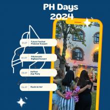 Überschrift PH-Days 2024. Links sind alle einzelnen Programm Punkte und Daten zu sehen. rechts stehen 2 studierende und schauen zu einer Bühne